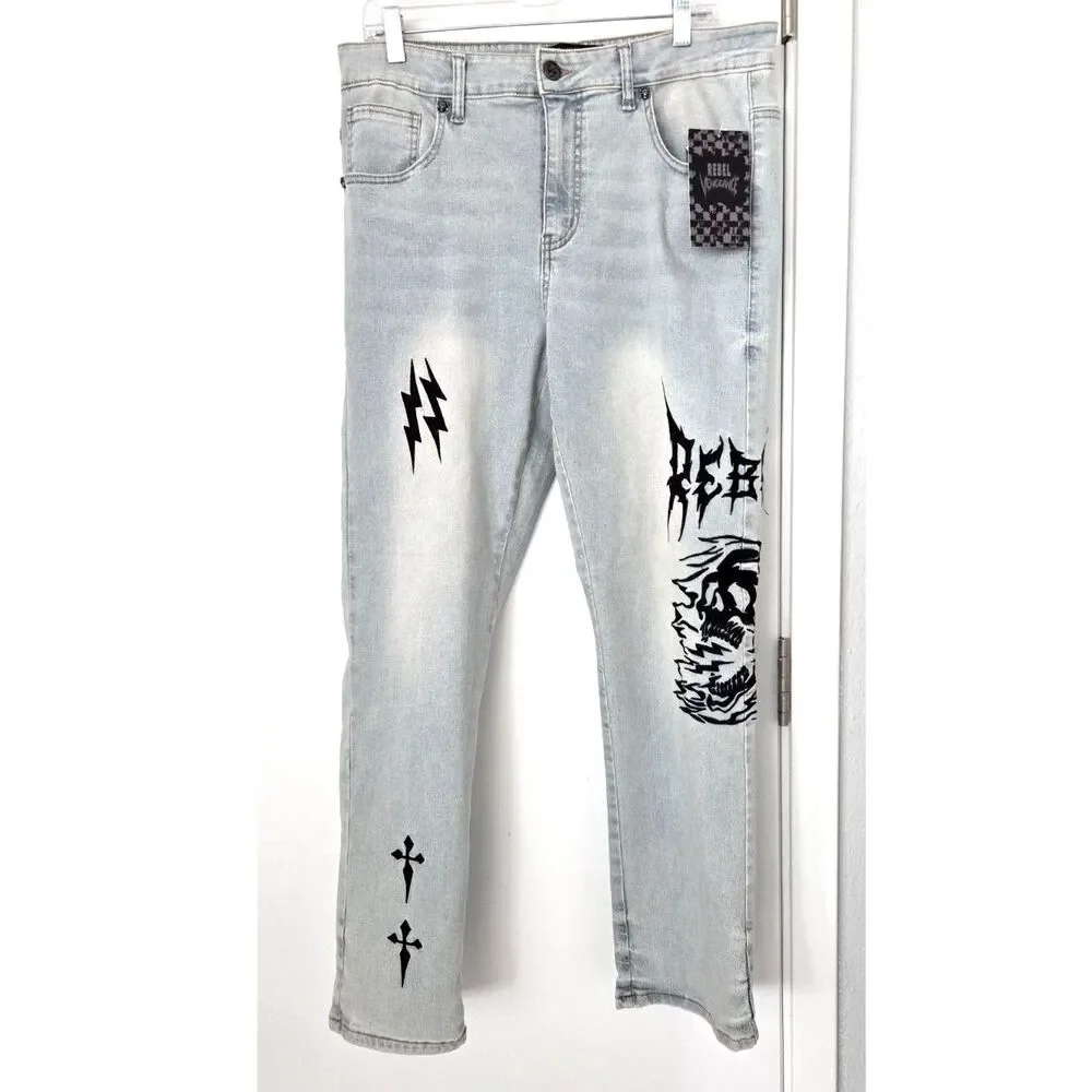 Rebel Vengeance Skull Embroidered Jeans Size 34 Light Wash Y2K